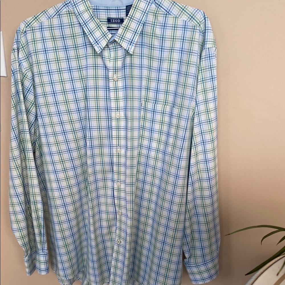 IZOD Men's Blue and Green Plaid Shirt